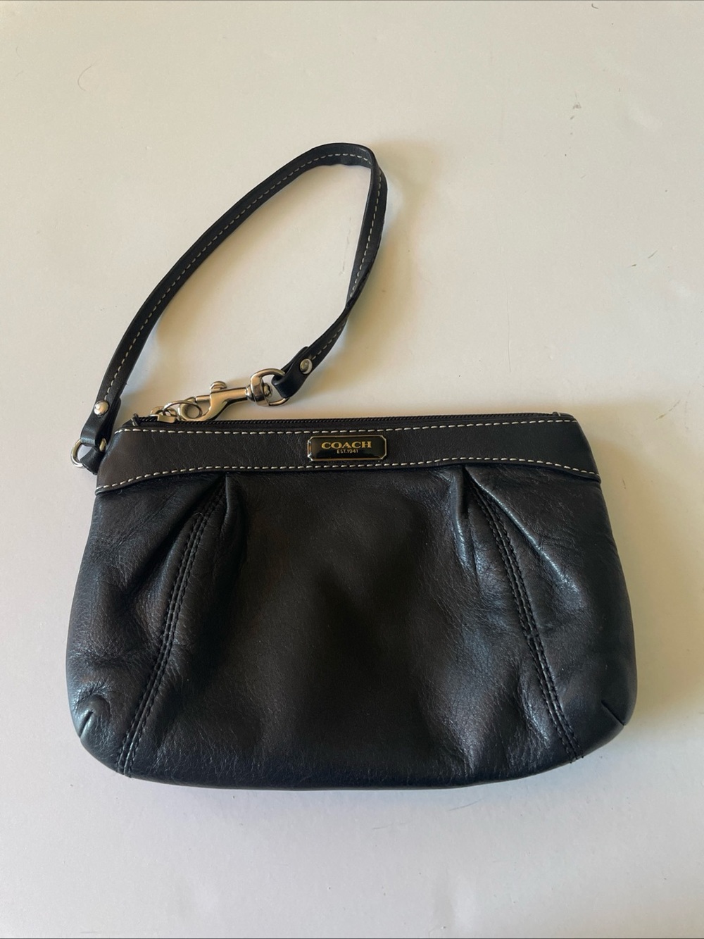 Coach Black Leather Wristlet with Gold Logo Plaque